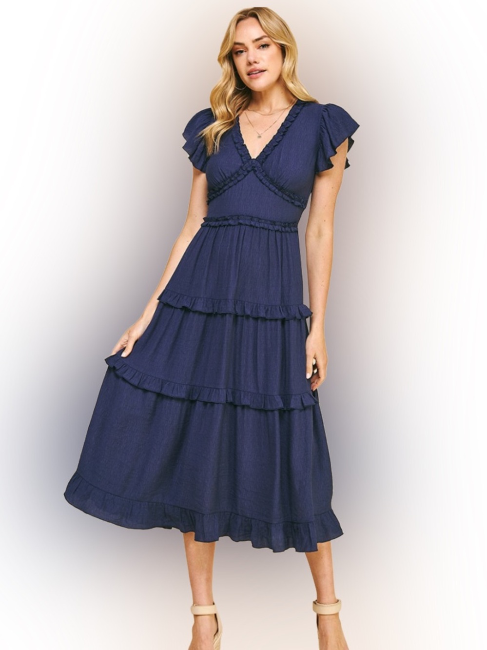 Pinch Navy Ruffle Tiered V-Neck Flutter Sleeve Midi Dress - Small